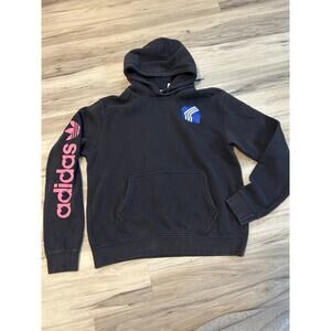 ADIDAS Hoodie Mens Medium Black Blue Heart Box Trefoil Fleece Sweatshirt